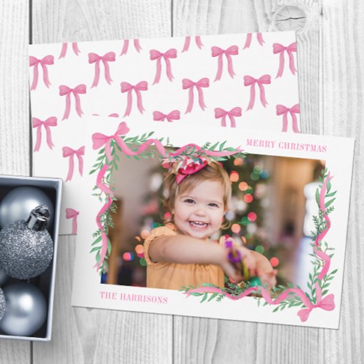 Carte de vacances Watercolor Pink Bow Garland