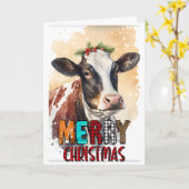 Carte de Vache Brune de Noël Joyeux (Fleur jaune)