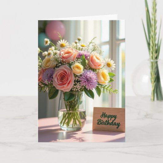 Carte de vase de rose d'anniversaire doux (Devant)