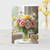 Carte de Vase Florale Joyeux Anniversaire (Fleur jaune)
