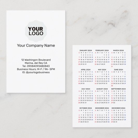 Carte De Visite 2024 Calendrier SUNDAY Outil promotionnel vertical (Devant / Derrière)