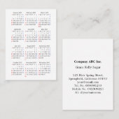 Carte De Visite 2025 Dimanche Début Mini-Calendrier Tout Blanc (Devant / Derrière)