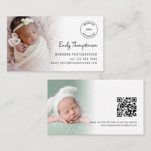 Carte De Visite 2 Photos Logo QR Code Bébé Photographe (Devant / Derrière)