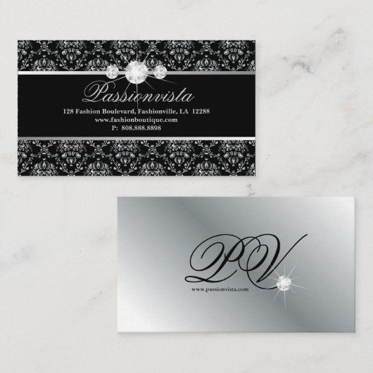 Carte De Visite 311 Elégant Diamants Bijoux Argent Noir Damas (Devant / Derrière)