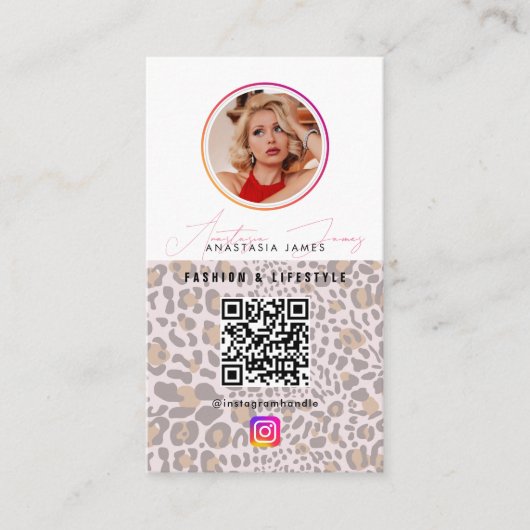 Carte De Visite 6 Photo Grid Social Media QR Code Leopard Print (Devant)
