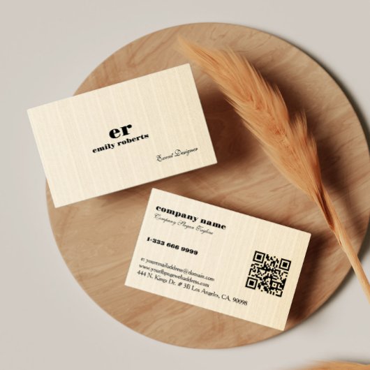 Carte de visite à code QR en lin beige clair toile