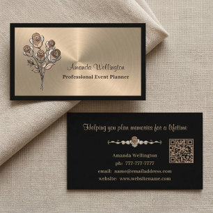 Carte de visite à code QR floral or et noir