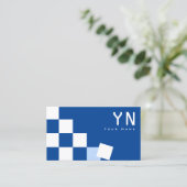Carte De Visite à damiers bleu et blanc avec monogramme et photo (Debout devant)
