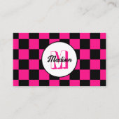 Carte De Visite à damiers carré chaud rose noir rétro Monogramme (Devant)