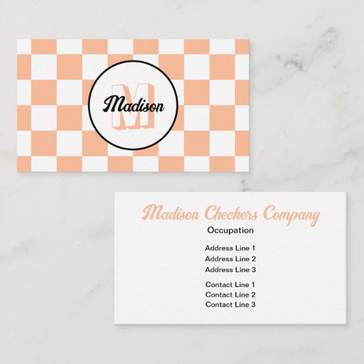 Carte De Visite à damiers carrés pêche blanc retro Monogramme (Devant / Derrière)