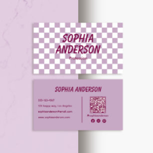 Carte De Visite À damiers violet moderne avec code QR