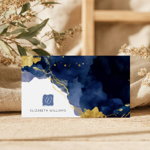 Carte de visite à monogramme abstrait bleu marine