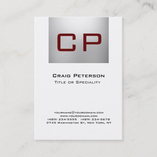 Carte de visite à monogramme vertical gris blanc r (Devant)