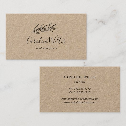 carte de visite à rameaux d'olivier rustique (Devant / Derrière)