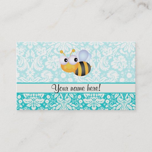 Carte De Visite Abeille mignonne ; modèle Damas Turquoise (Devant)