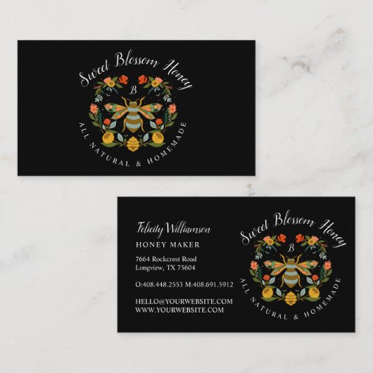 Carte De Visite Abeilles & Fleur & Miel décoratif Abeille Noir (Devant / Derrière)