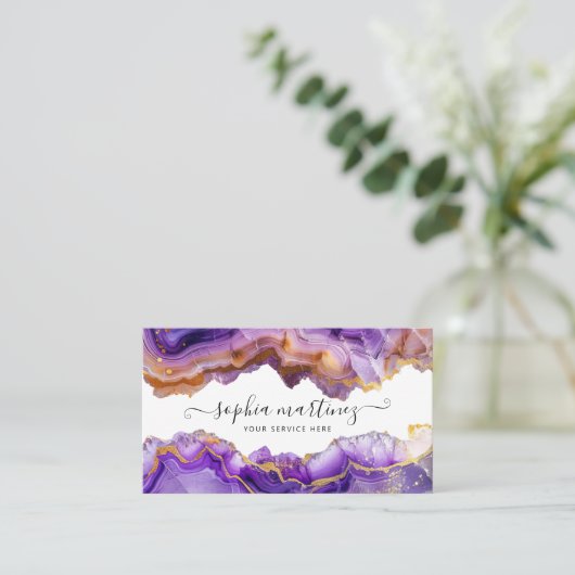 Carte De Visite Abstract Purple Agate gold glitter marble QR Code (Debout devant)