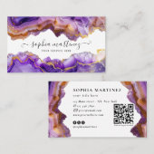 Carte De Visite Abstract Purple Agate gold glitter marble QR Code (Devant / Derrière)