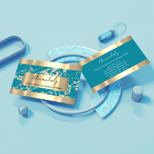 Carte De Visite Abstrait Gold Strokes Frame Marbre Aqua Blue