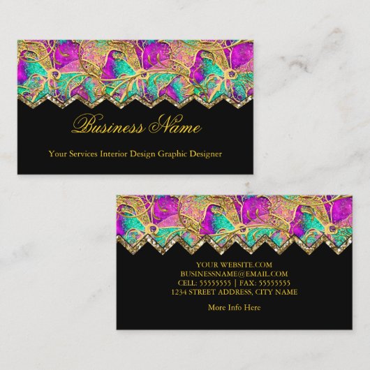 Carte De Visite Abstrait rose chaud violet Turquoise or noir (Devant / Derrière)