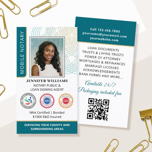 Carte De Visite Accréditation Notaire Public Photo QR Code Turquoi