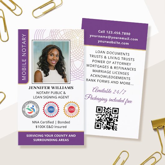 Carte De Visite Accréditation Notaire Public Photo QR Code Violet