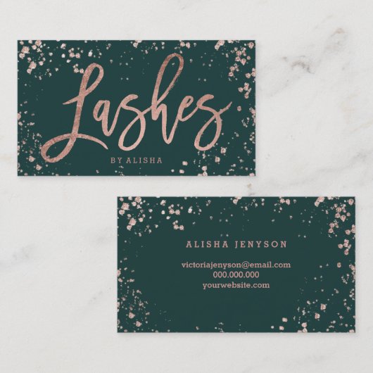 Carte De Visite Accroche verte script rose de confettis en or (Devant / Derrière)