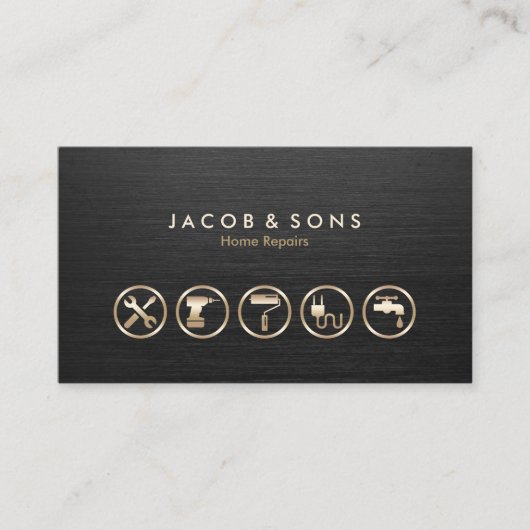 Carte De Visite Accueil Réparations Icônes d'or Texture de métal b (Devant)