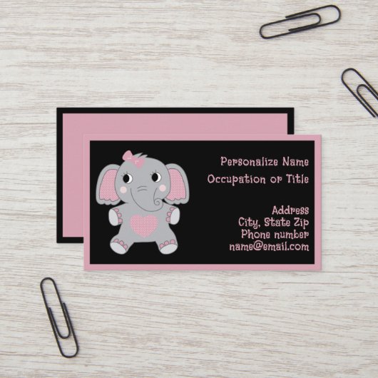 Carte De Visite Adorable Baby Elephant Pink Black Child Focused (Devant/Arrière en situation)