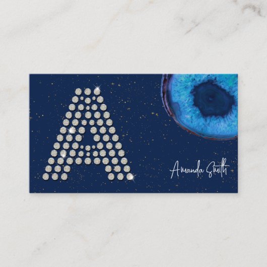 Carte De Visite Agate Bleu Chic Diamant Initiale Lettre A Monogram (Devant)