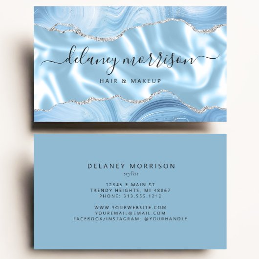Carte De Visite Agate Bleue Paillettes Argent Luxe