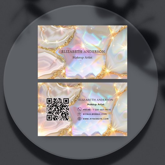 Carte De Visite Agate en or beige holographique qr code