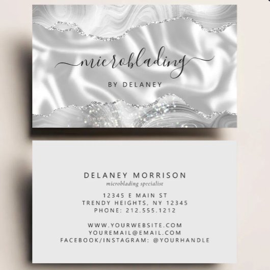 Carte De Visite Agate Gris Argent Paillettes Luxe Microblading