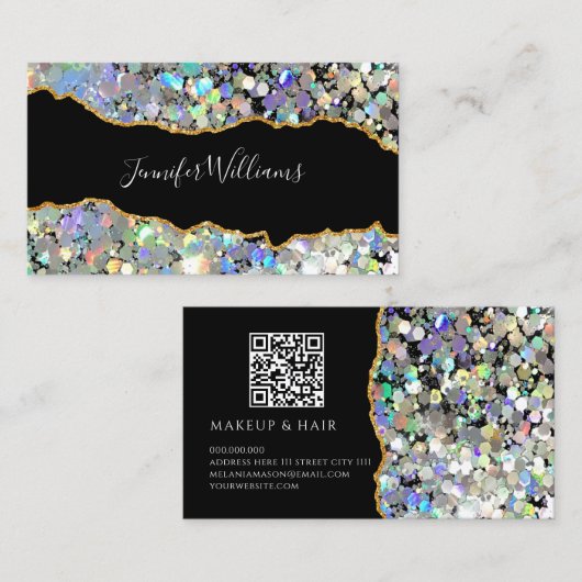 Carte De Visite Agate Holographic Glitter Makeup Artist QR Code (Devant / Derrière)