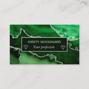 Carte De Visite Agate Marbre Paillettes Vert et Faux Argent