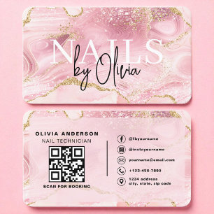 Carte De Visite Agate rose Marbre QR Code Nail Spécialiste Artiste