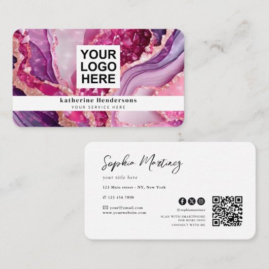 Carte De Visite Agate violette glamour & logo code QR (Devant / Derrière)