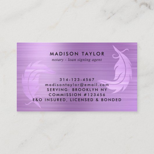 Carte De Visite Agent De Prêt Notaire Glam Violet Brossé Quill Mét (Dos)
