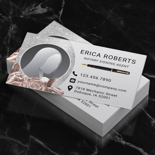 Carte De Visite Agent de signature de notaire Moderne Silver Flora