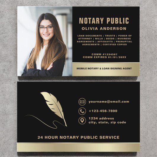Carte De Visite Agent de signature de notaire Photo Black & Gold
