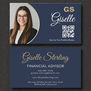 Carte De Visite Agent financier Marine Blue Gold Photo QR Code