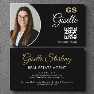 Carte De Visite Agent immobilier Black Gold Photo QR Code