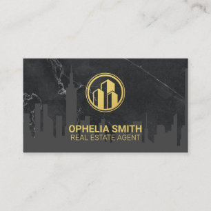 Carte De Visite Agent immobilier Cityscape Marbre   Bâtiment Gold