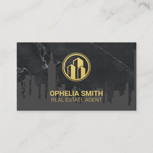 Carte De Visite Agent immobilier Cityscape Marbre | Bâtiment Gold (Devant)