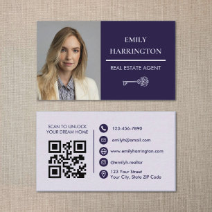 Carte De Visite Agent Immobilier Classique Clé Code QR Violet