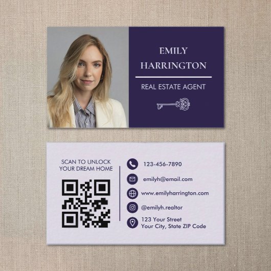 Carte De Visite Agent Immobilier Classique Clé Code QR Violet