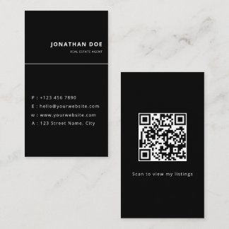 Carte De Visite Agent immobilier code QR noir vertical de luxe