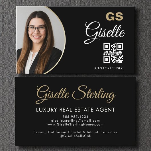 Carte De Visite Agent immobilier de luxe Black Gold Photo QR Code