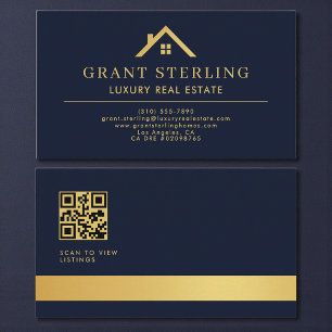 Carte De Visite Agent immobilier de luxe Code QR Bleu marine Or