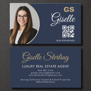 Carte De Visite Agent immobilier de luxe Marine Blue Gold QR Code